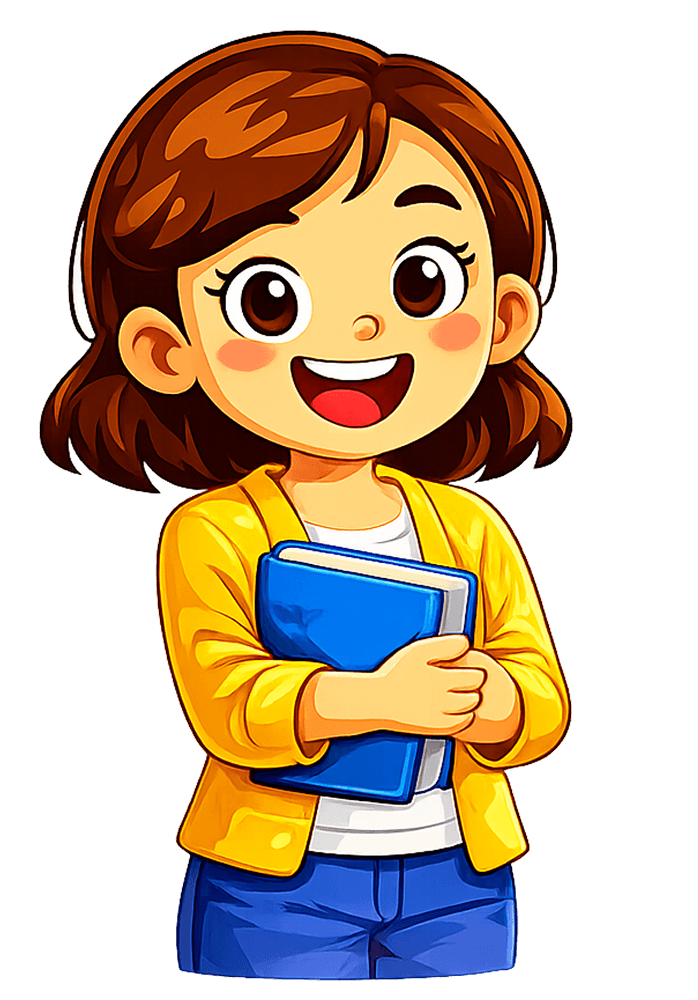 A smiling teacher holding a blue book