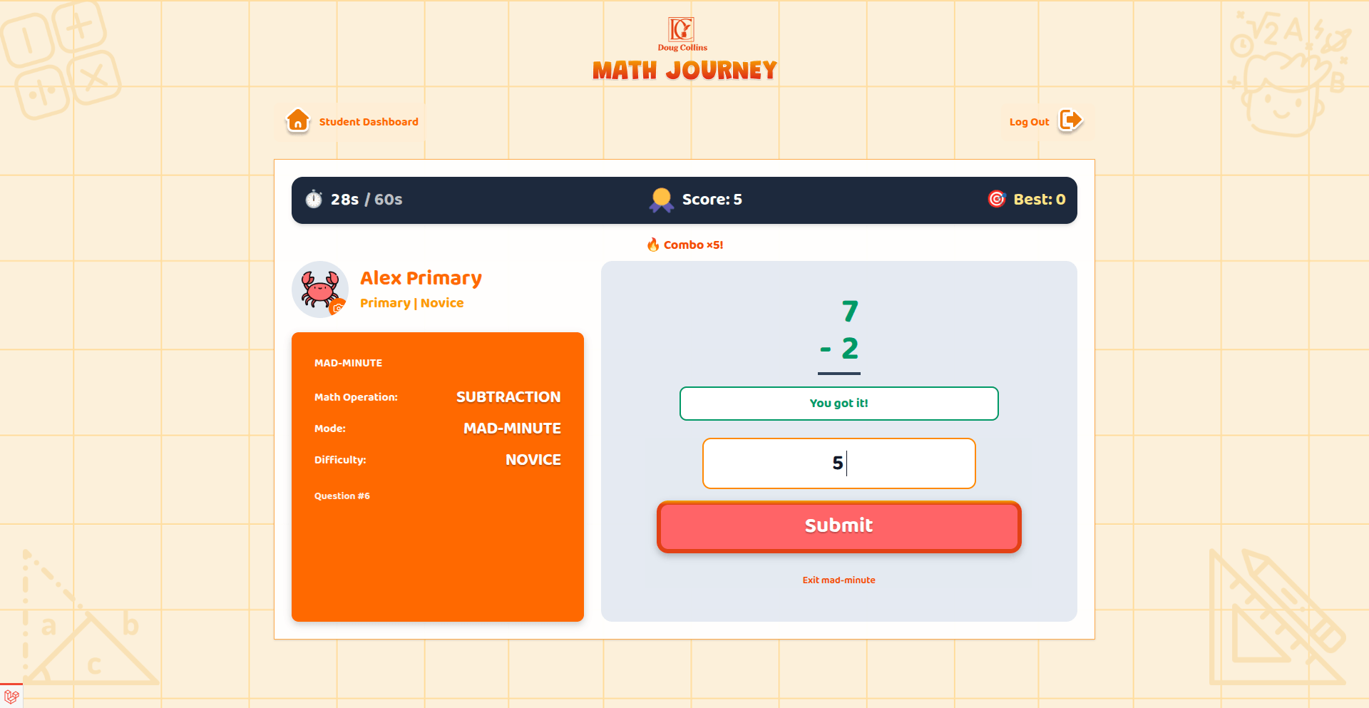 Math Journey app showing a student practicing addition