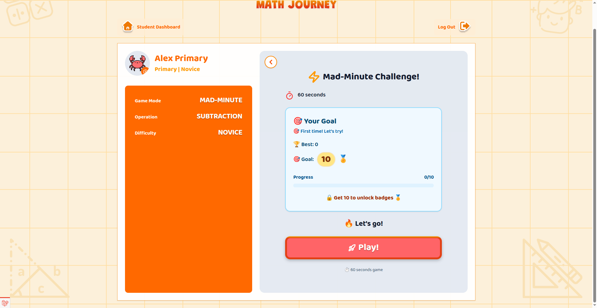 Math Journey app showing a completed math question