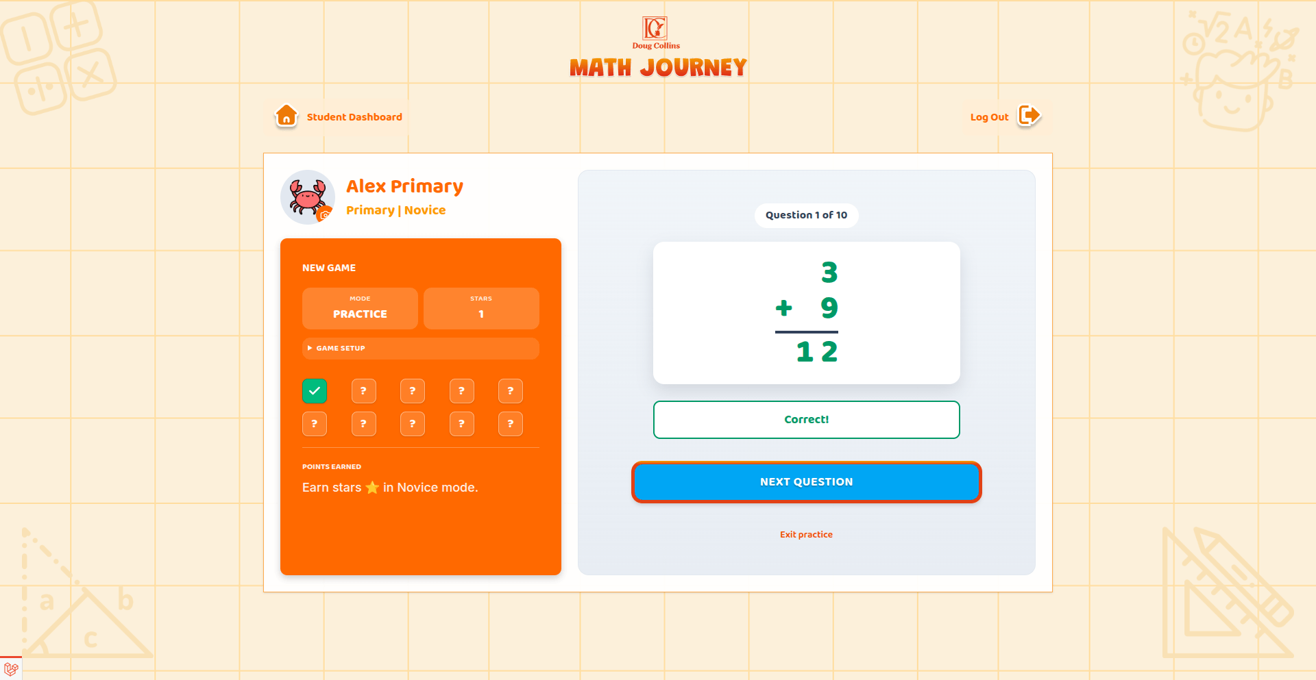 Math Journey app showing progress tracking