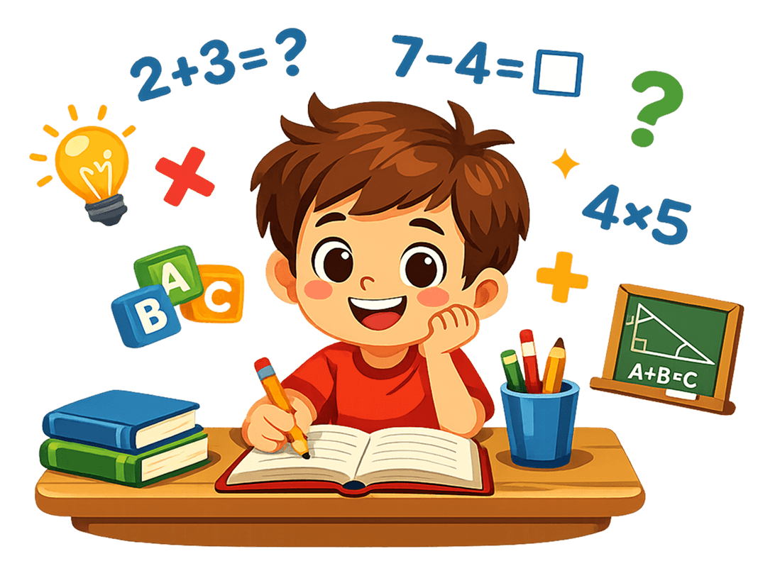 A happy child practicing math at a desk with books, pencils, and floating math symbols