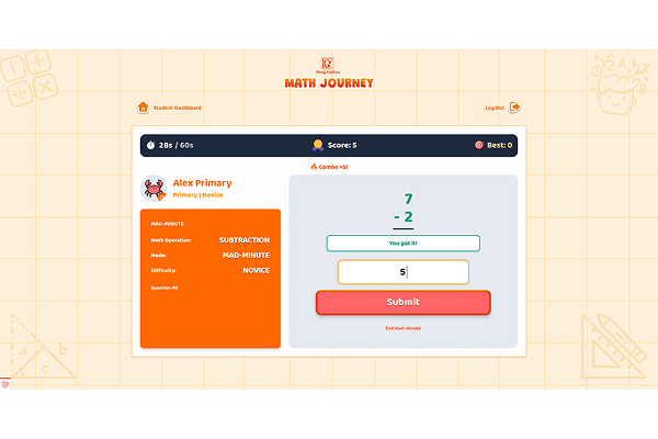 Math Journey Mad Minute Mode showing a timed subtraction challenge